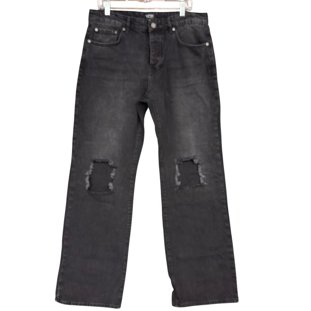 Boohoo Man Mens Jeans Black Denim Wide Straight Knee Cutout Button Fly 36